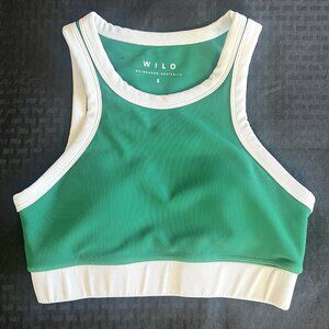 WILO Sports Bra Ribbed Racerback Athletic Top Green White Small Activewear Crop
